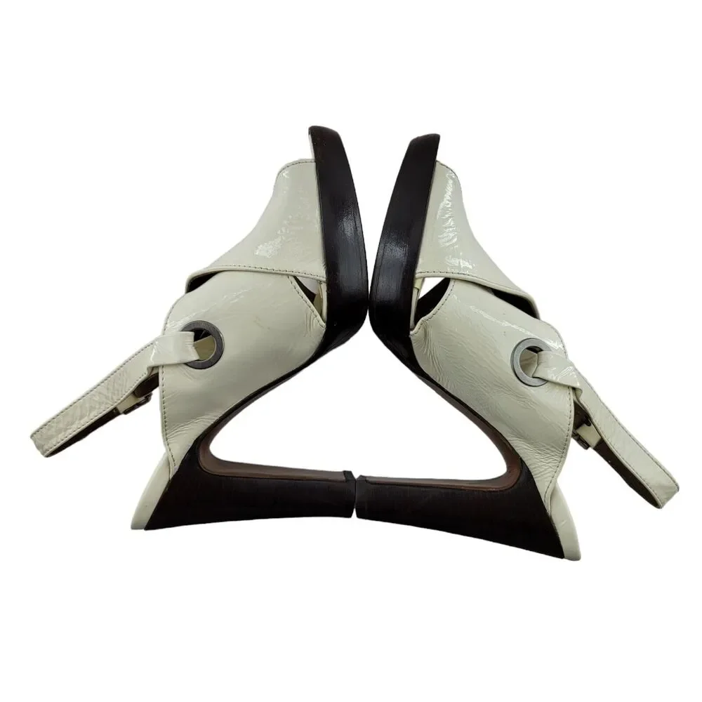 Marni Platform Heels Size 36 5.5-6 Cream Leather Wood Heel‎ Peep Toe Slingback